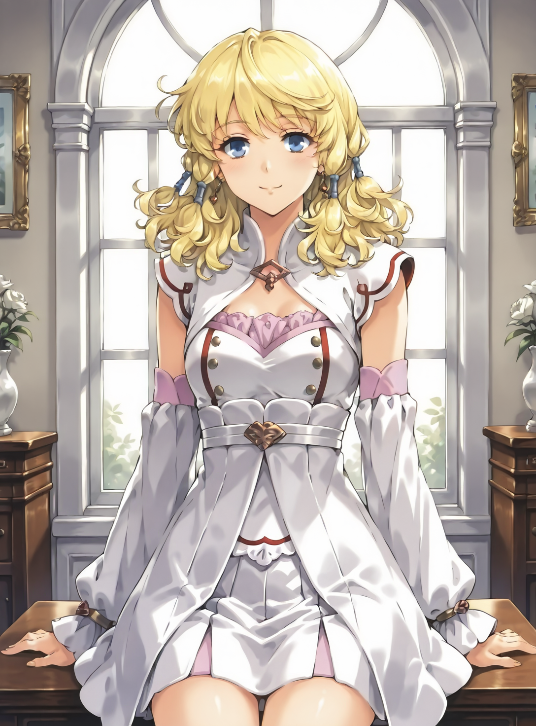 59885-1971904793-Ayur Dylan, 1girl, solo, medium hair,  dress, detached sleeves,_indoors, looking at viewer, sitting,, smile,cowboy shot,arms at.png